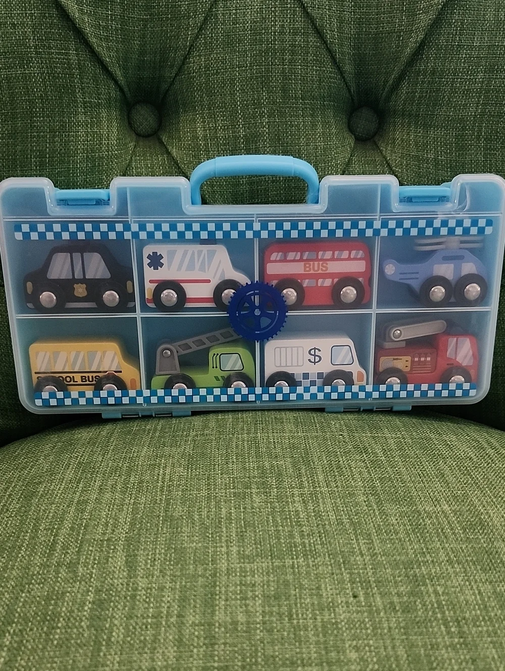 Gigglescape Wooden Kids Vehicle Toy Set with Carry Case - Blue
